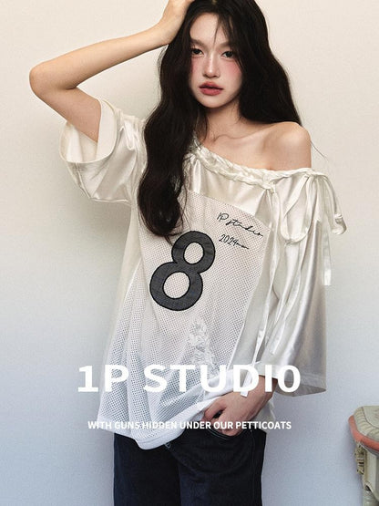 1P STUDIO Shiny Panelled Mesh Print Asymmetric Shoulder Tie Women&