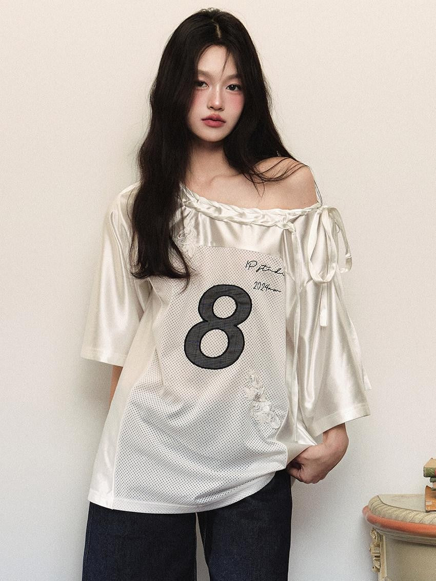 1P STUDIO Shiny Panelled Mesh Print Asymmetric Shoulder Tie Women&