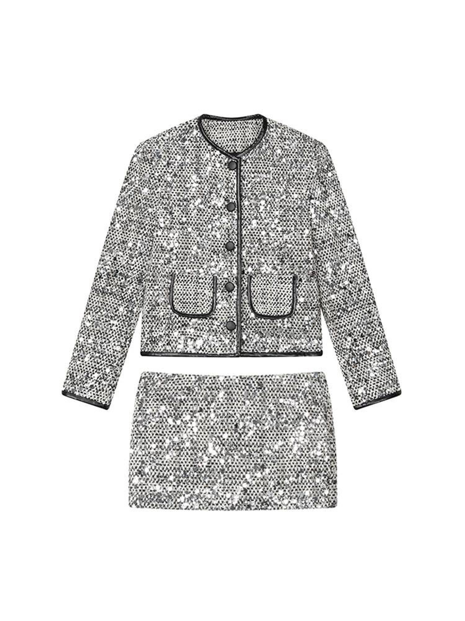1P STUDIO Silver Sequin Boucle Black Leather Trim Women&