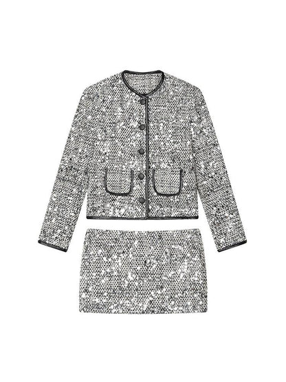 1P STUDIO Silver Sequin Boucle Black Leather Trim Women&