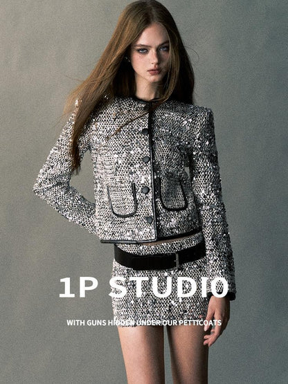 1P STUDIO Silver Sequin Boucle Black Leather Trim Women&