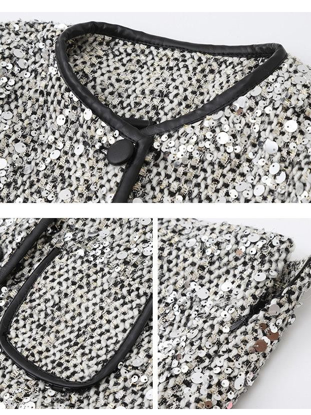 1P STUDIO Silver Sequin Boucle Black Leather Trim Women&