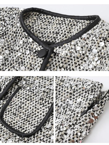 1P STUDIO Silver Sequin Boucle Black Leather Trim Women&