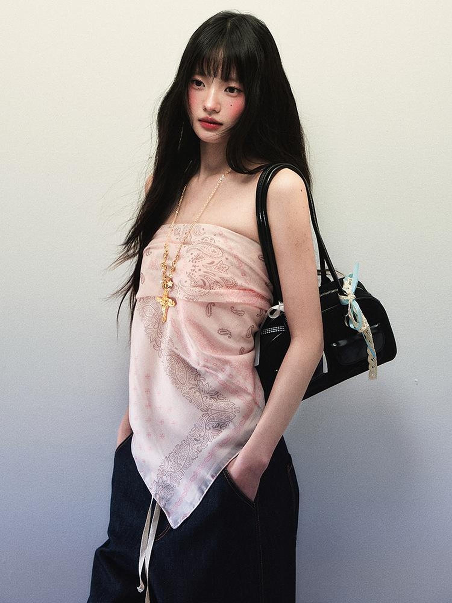 1P STUDIO Soft Pink Paisley Floral Print Square Scarf Women&