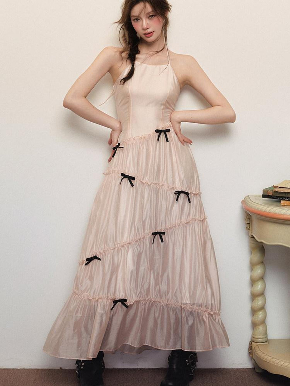 1P STUDIO Soft Pink Spliced Bow Halter Cinched Waist Women&