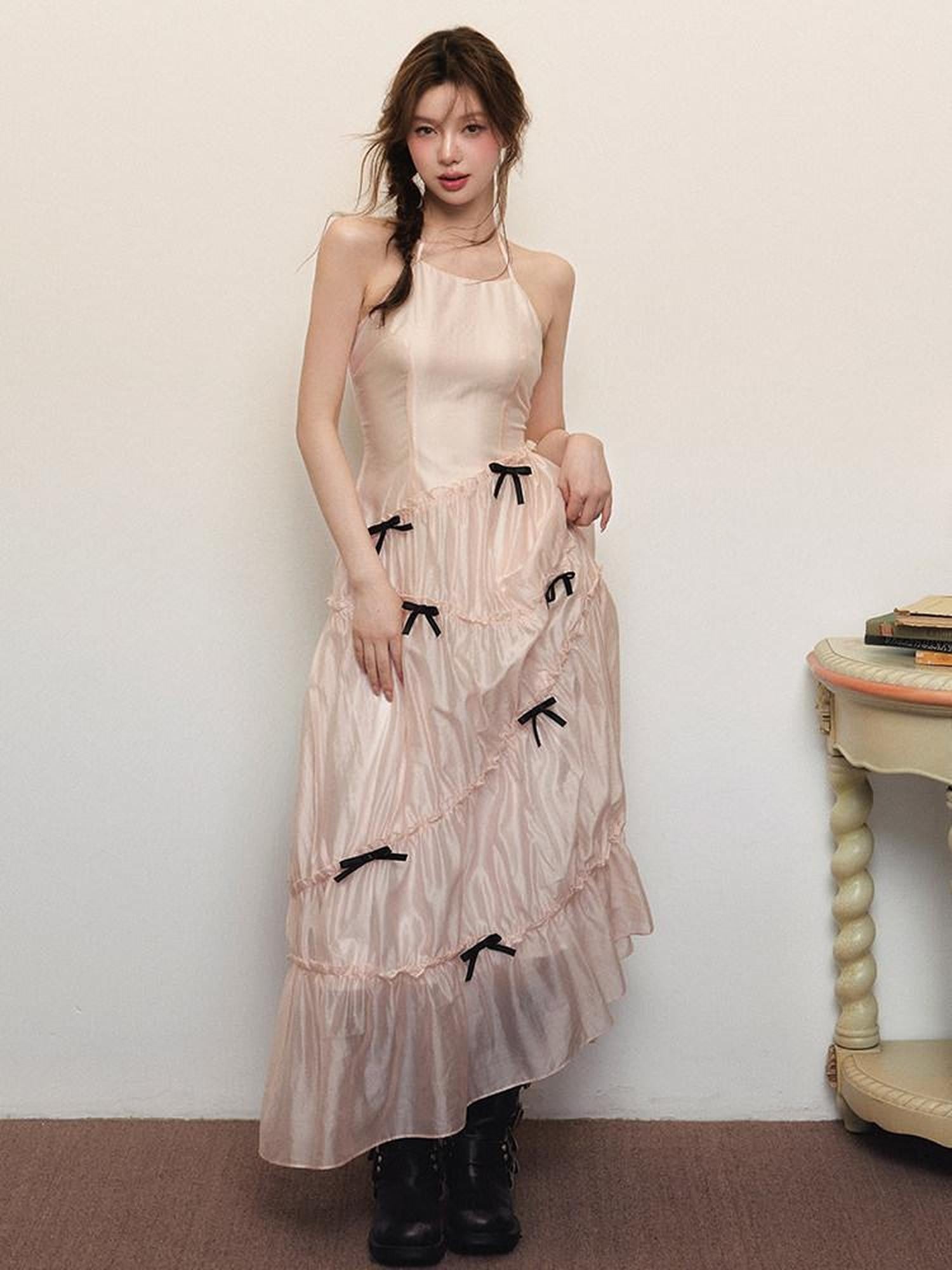 1P STUDIO Soft Pink Spliced Bow Halter Cinched Waist Women&