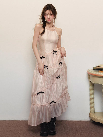 1P STUDIO Soft Pink Spliced Bow Halter Cinched Waist Women&