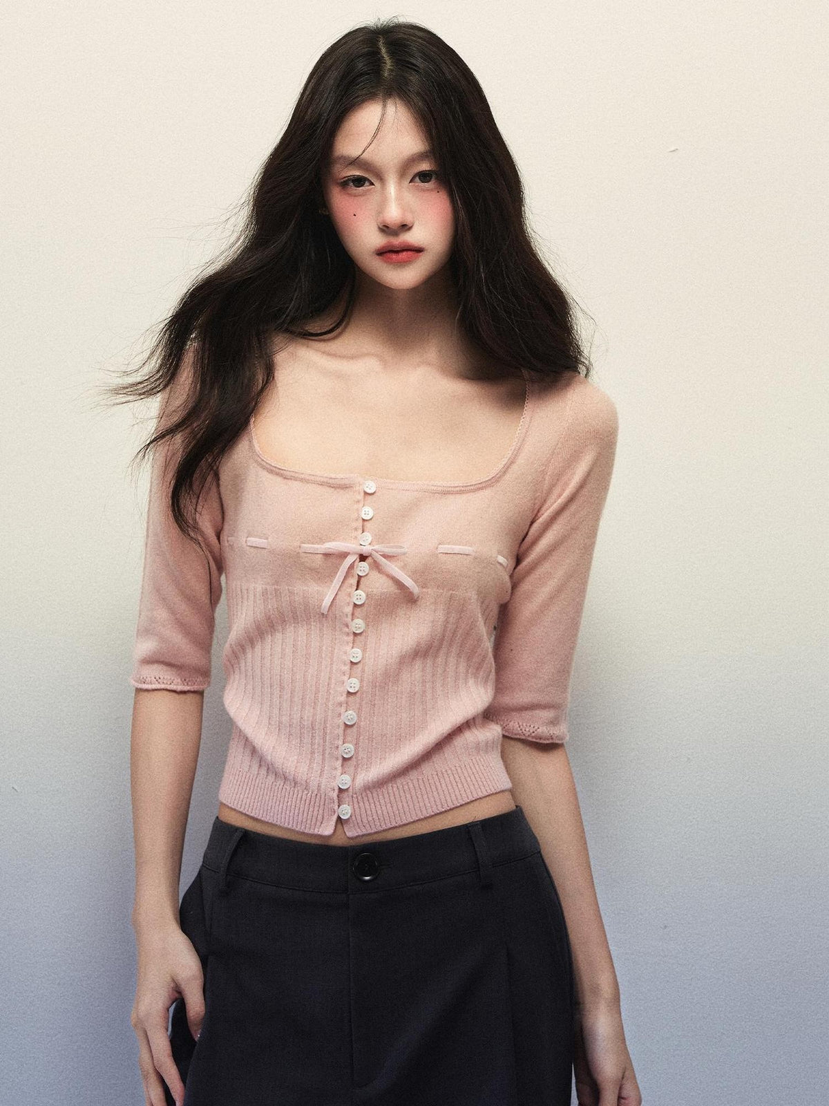 1P STUDIO Square Neck Drawstring Waist Bow Half Sleeve Knit Women&