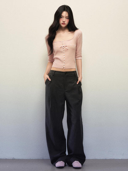 1P STUDIO Square Neck Drawstring Waist Bow Half Sleeve Knit Women&