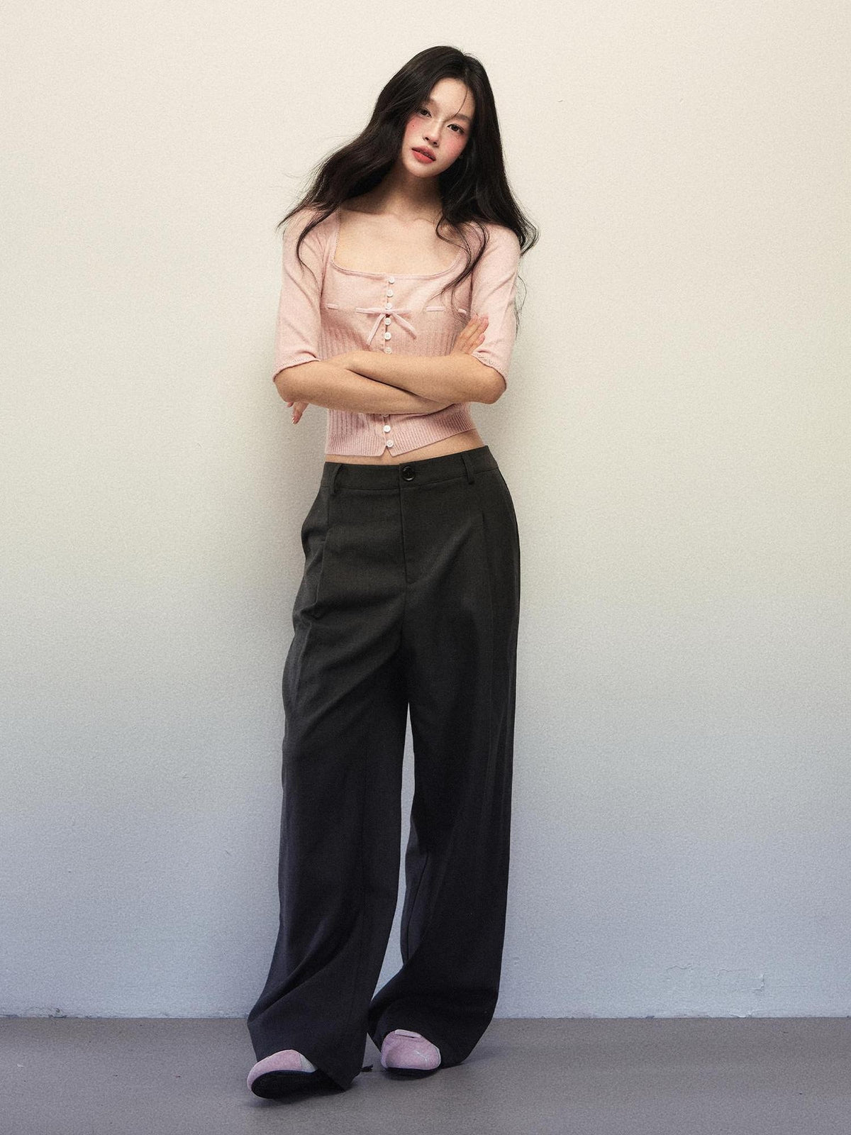 1P STUDIO Square Neck Drawstring Waist Bow Half Sleeve Knit Women&