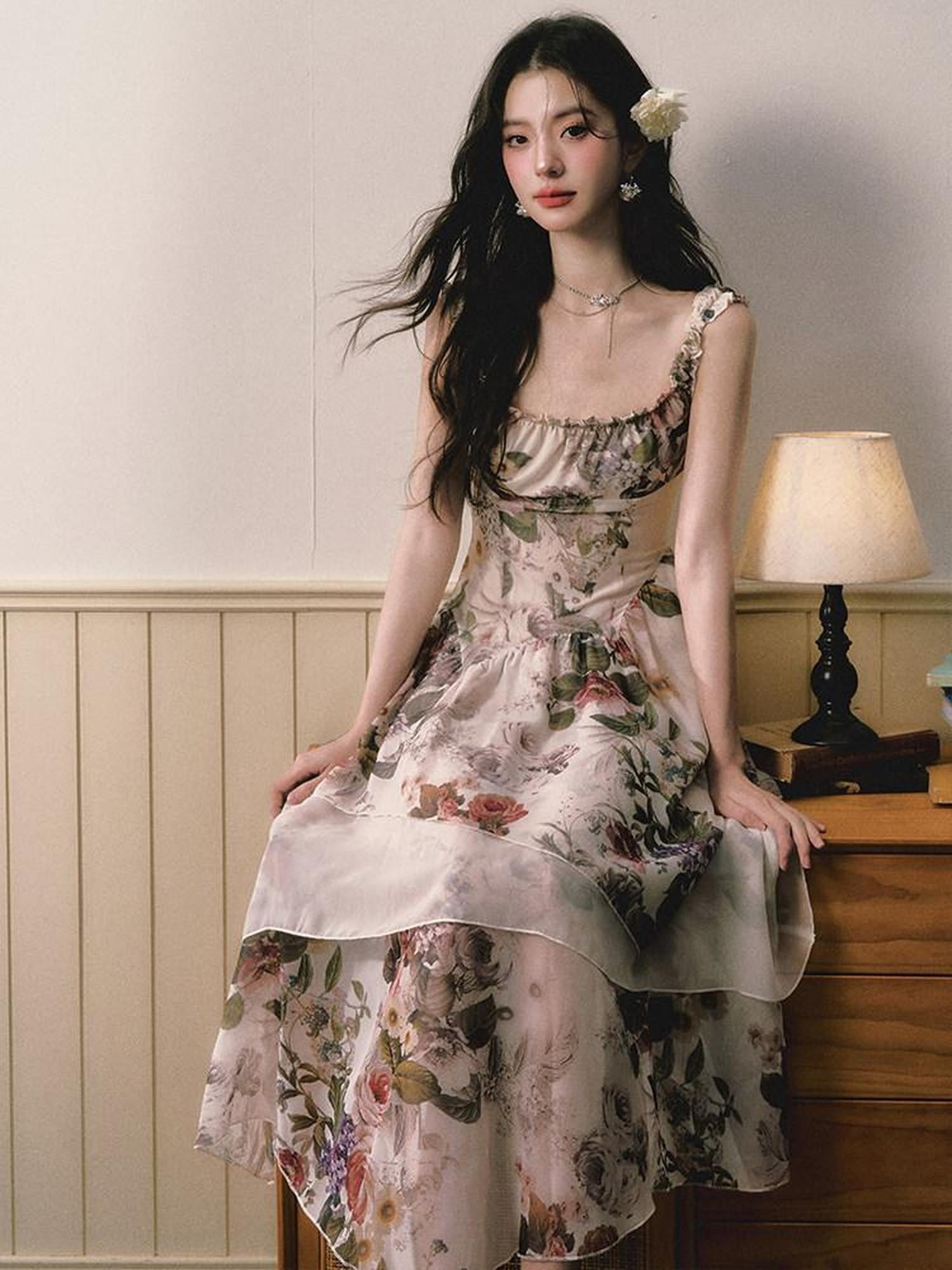 1P STUDIO Square Neck Floral Spliced Asymmetric Cinched Waist Women&