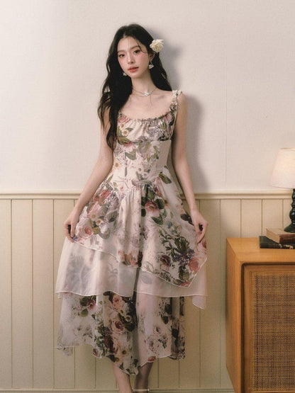 1P STUDIO Square Neck Floral Spliced Asymmetric Cinched Waist Women&