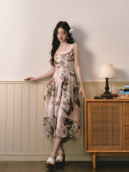 1P STUDIO Square Neck Floral Spliced Asymmetric Cinched Waist Women&