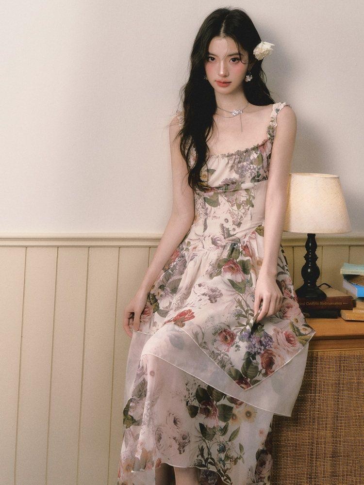 1P STUDIO Square Neck Floral Spliced Asymmetric Cinched Waist Women&