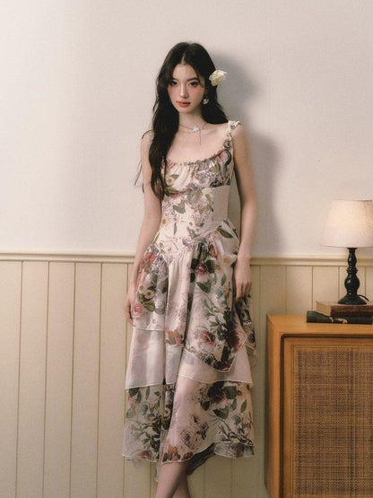 1P STUDIO Square Neck Floral Spliced Asymmetric Cinched Waist Women&