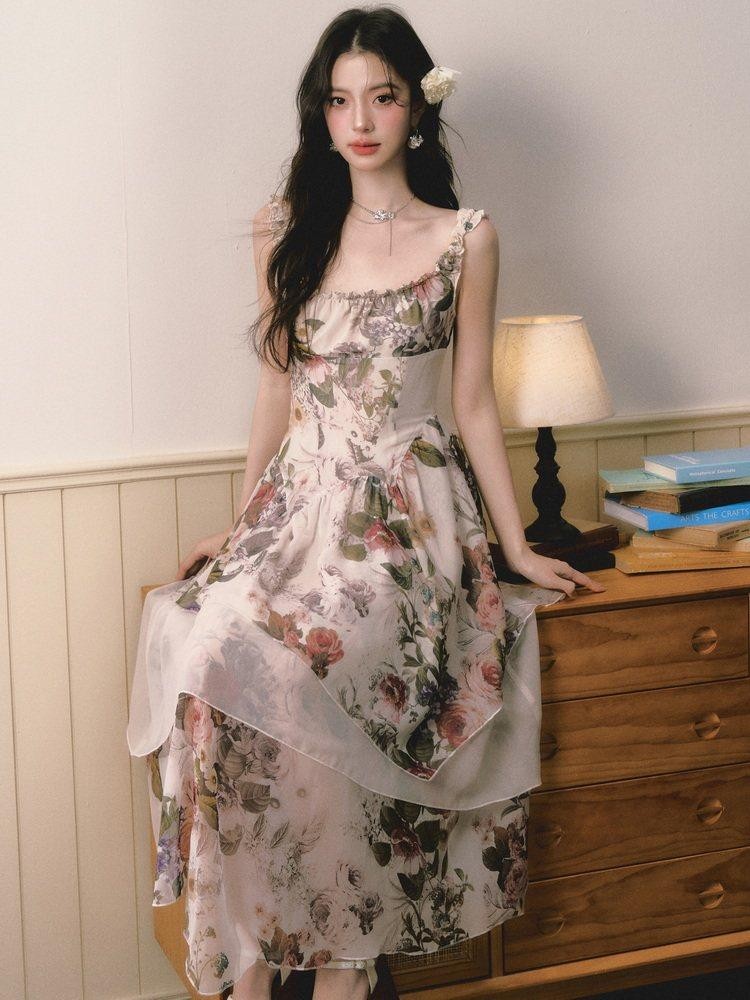 1P STUDIO Square Neck Floral Spliced Asymmetric Cinched Waist Women&