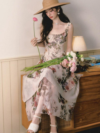1P STUDIO Square Neck Floral Spliced Asymmetric Cinched Waist Women&