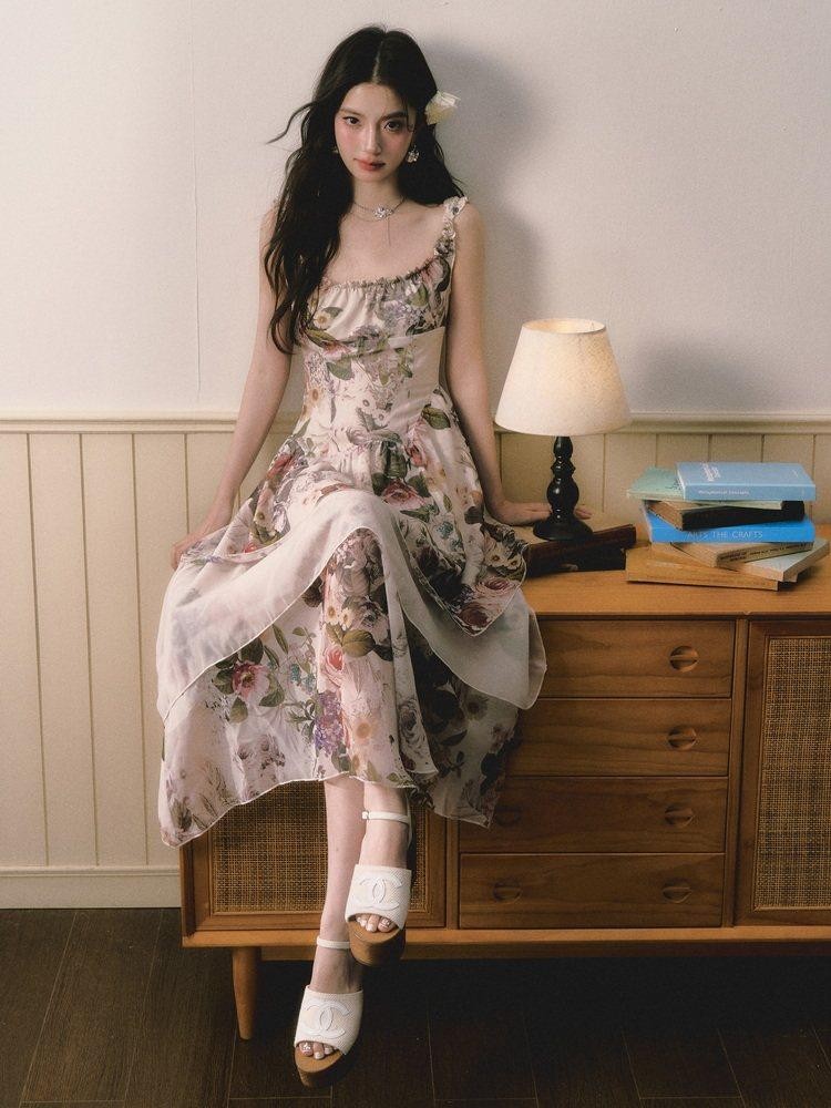 1P STUDIO Square Neck Floral Spliced Asymmetric Cinched Waist Women&