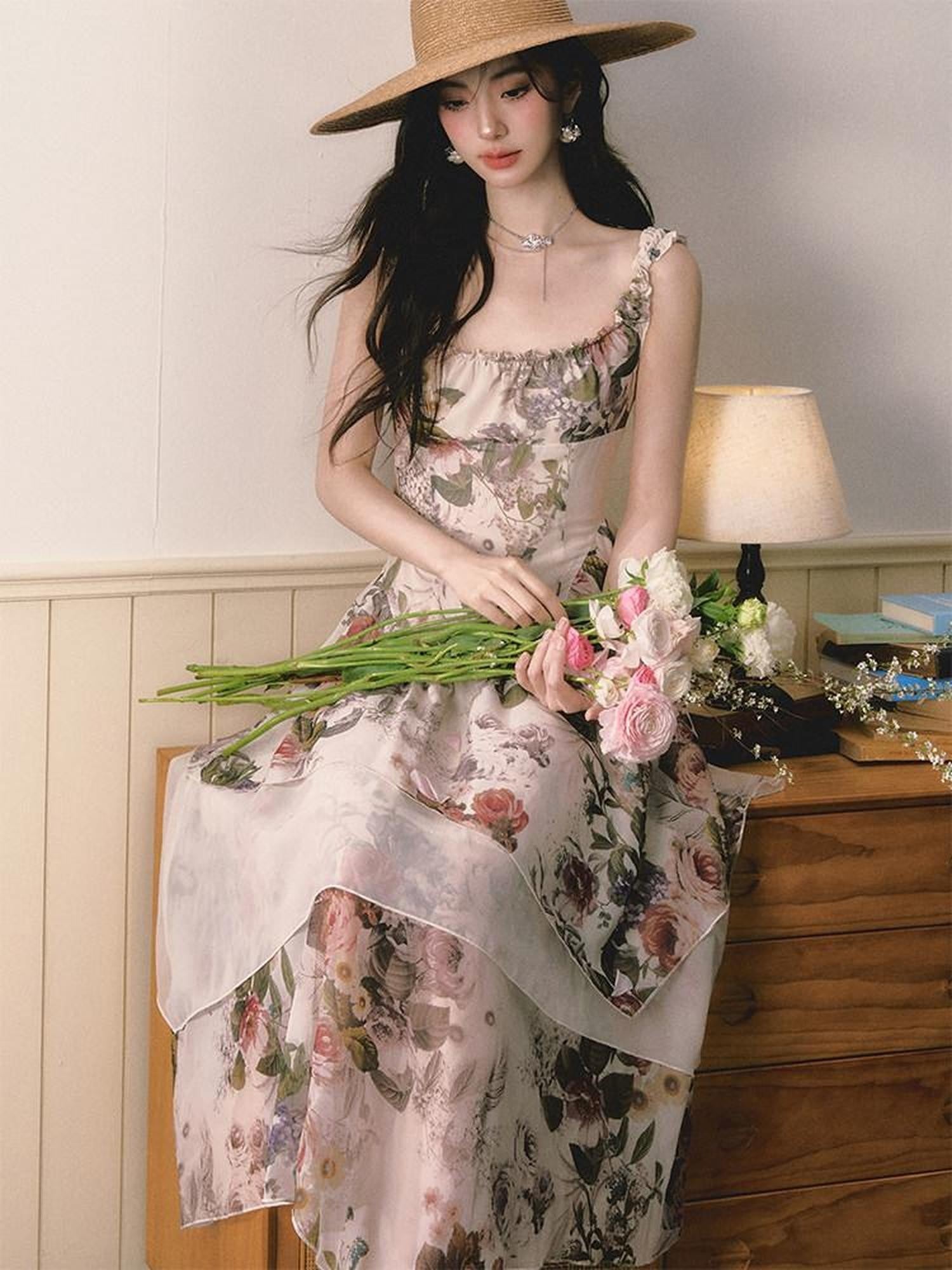 1P STUDIO Square Neck Floral Spliced Asymmetric Cinched Waist Women&