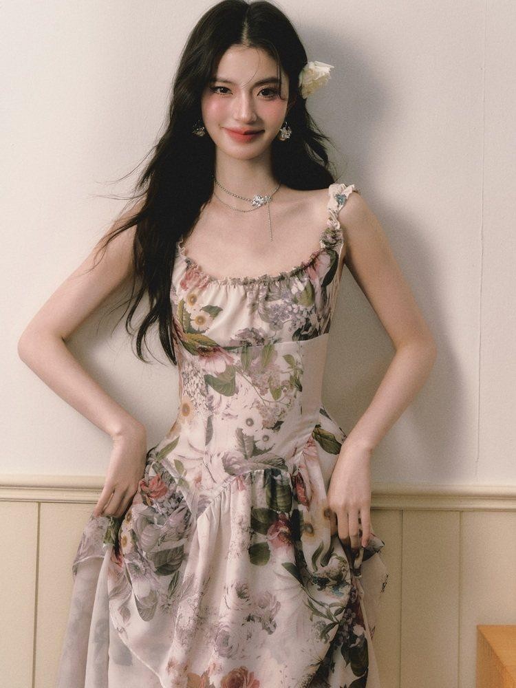1P STUDIO Square Neck Floral Spliced Asymmetric Cinched Waist Women&