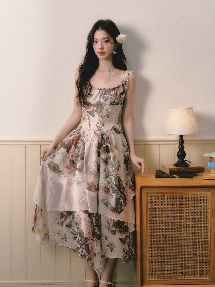 1P STUDIO Square Neck Floral Spliced Asymmetric Cinched Waist Women&