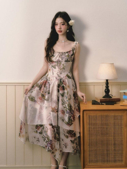 1P STUDIO Square Neck Floral Spliced Asymmetric Cinched Waist Women&