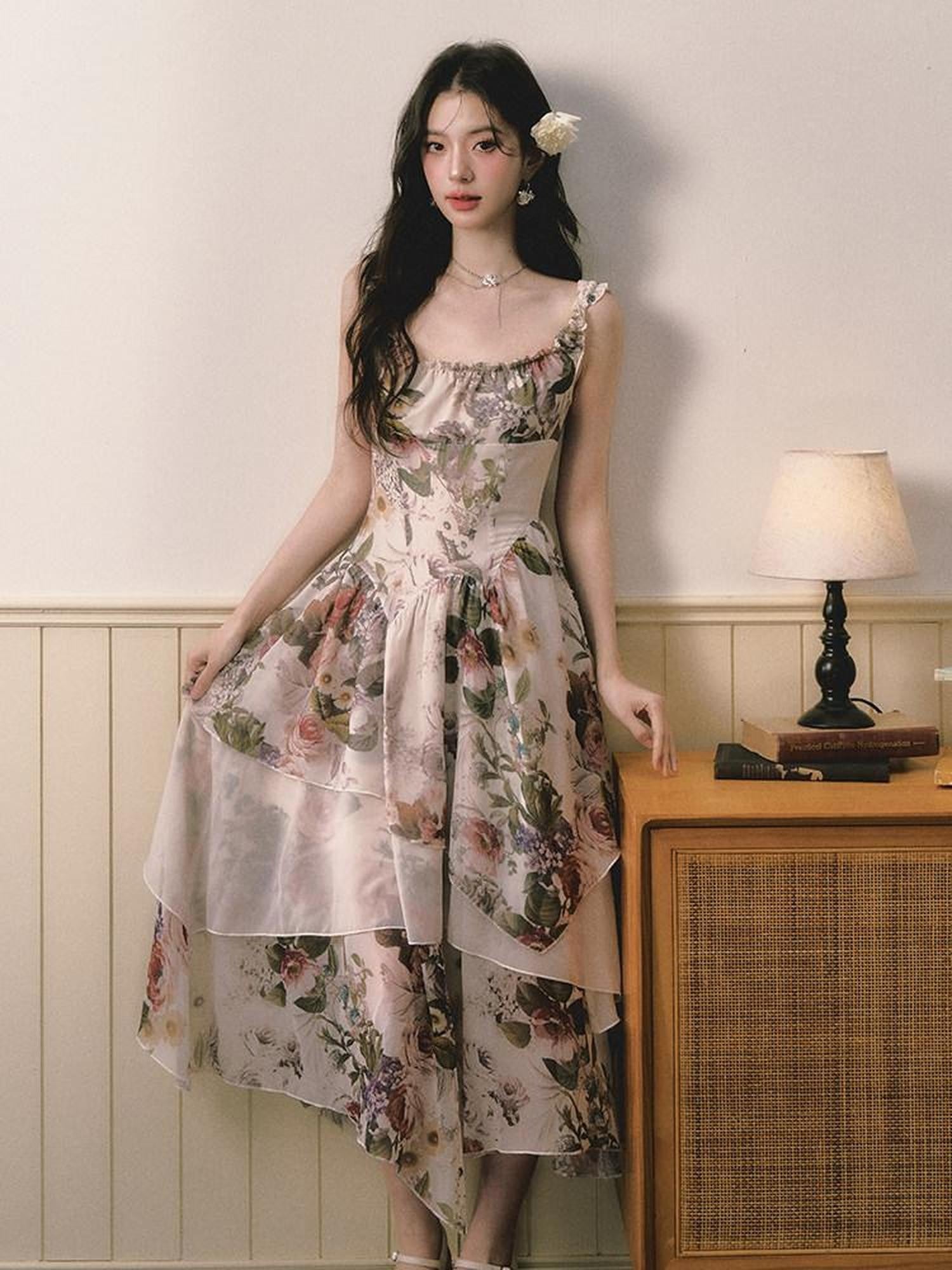 1P STUDIO Square Neck Floral Spliced Asymmetric Cinched Waist Women&