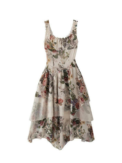 1P STUDIO Square Neck Floral Spliced Asymmetric Cinched Waist Women&