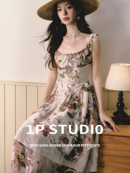 1P STUDIO Square Neck Floral Spliced Asymmetric Cinched Waist Women&