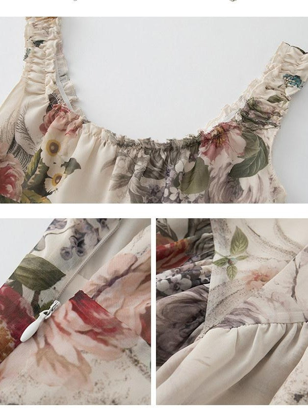 1P STUDIO Square Neck Floral Spliced Asymmetric Cinched Waist Women&
