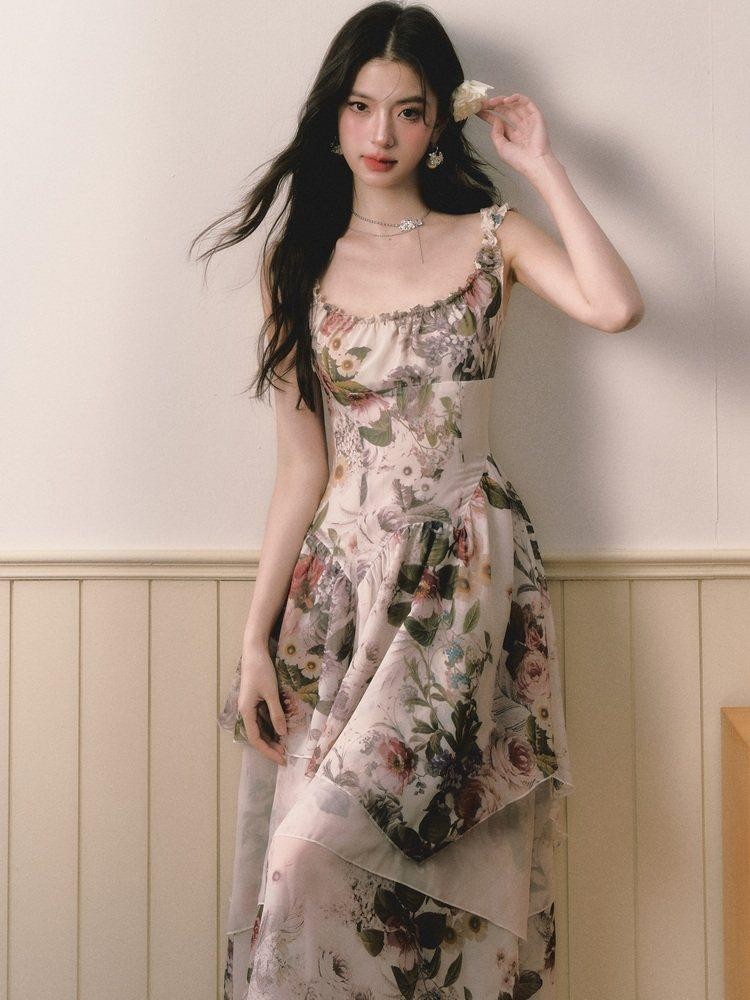 1P STUDIO Square Neck Floral Spliced Asymmetric Cinched Waist Women&