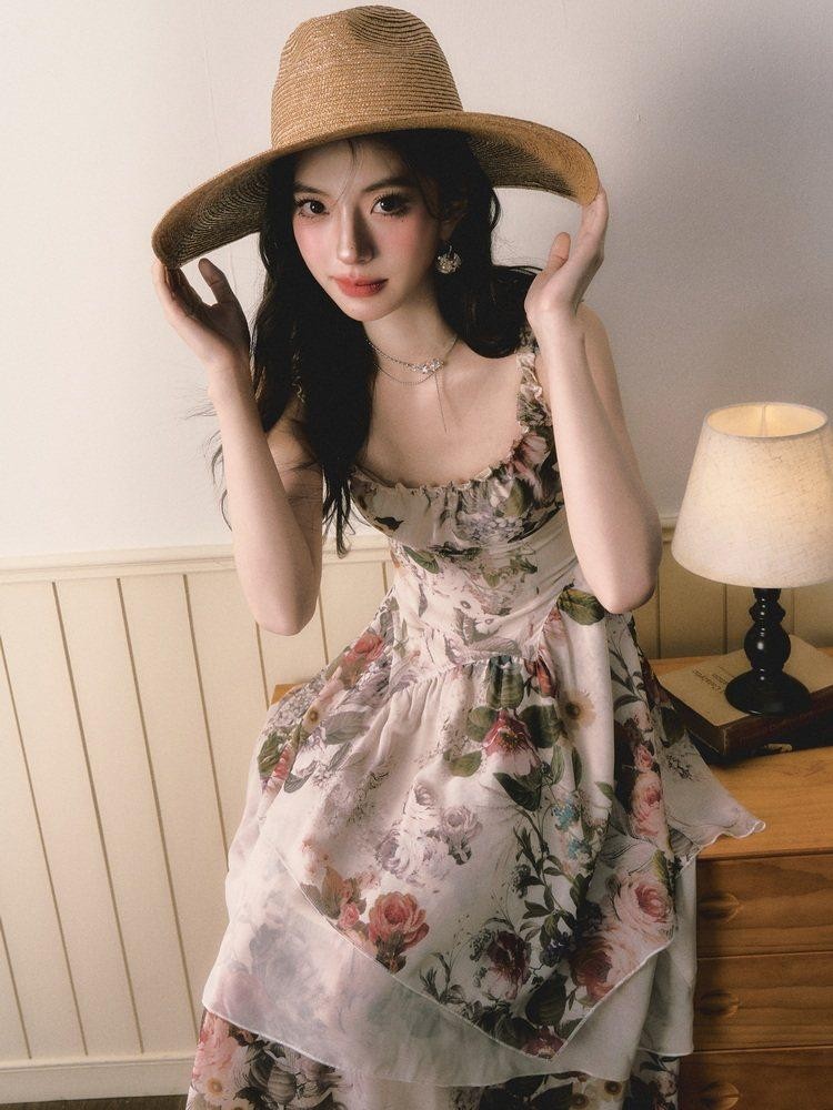 1P STUDIO Square Neck Floral Spliced Asymmetric Cinched Waist Women&