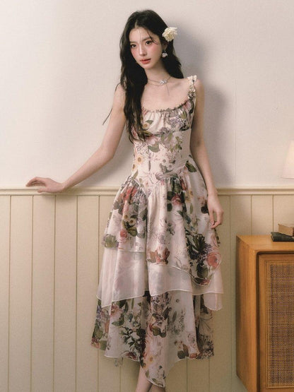 1P STUDIO Square Neck Floral Spliced Asymmetric Cinched Waist Women&