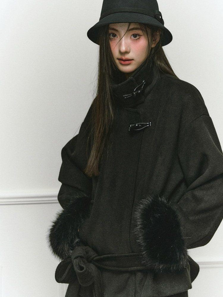 Stand Collar Fuzzy Sleeve Women&