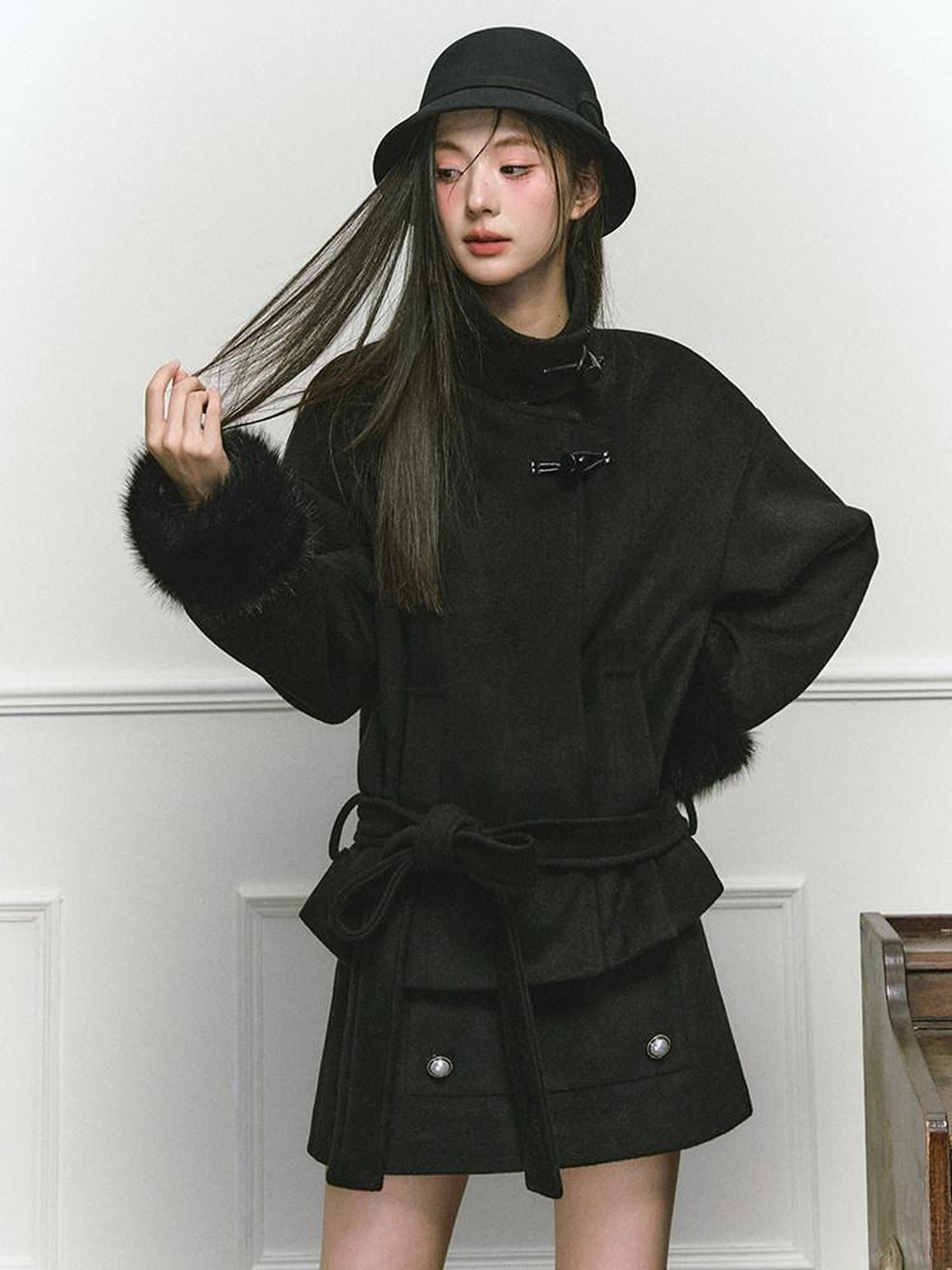Stand Collar Fuzzy Sleeve Women&