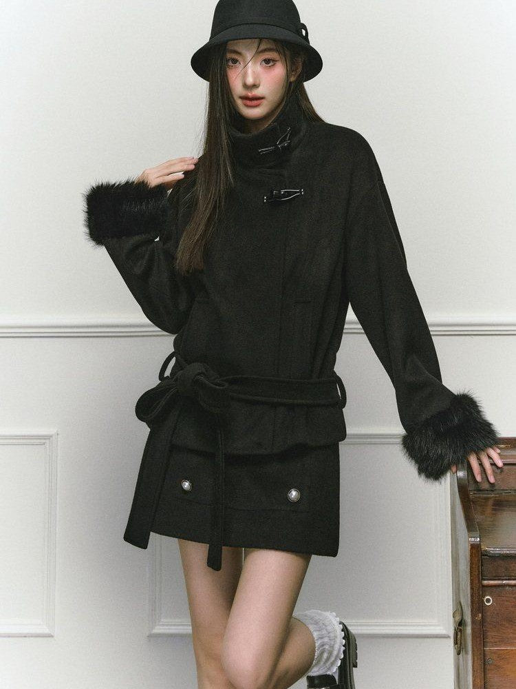 Stand Collar Fuzzy Sleeve Women&