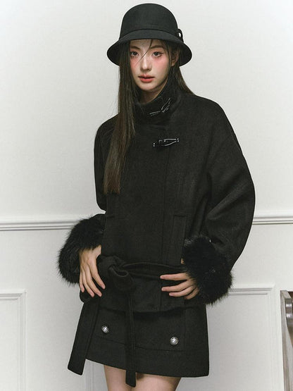 Stand Collar Fuzzy Sleeve Women&