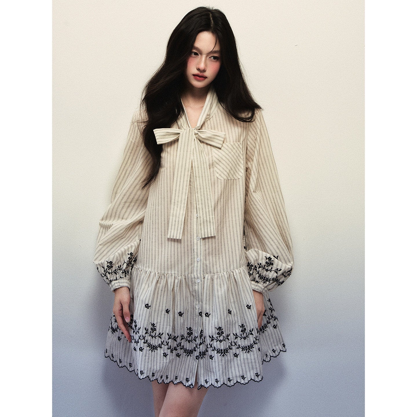 1P_STUDIO_Striped_Bow_Tie_Lantern_Sleeve_Embroidered_Women&