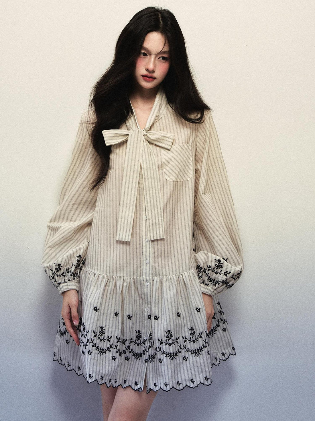 1P STUDIO Striped Bow Tie Lantern Sleeve Embroidered Women&