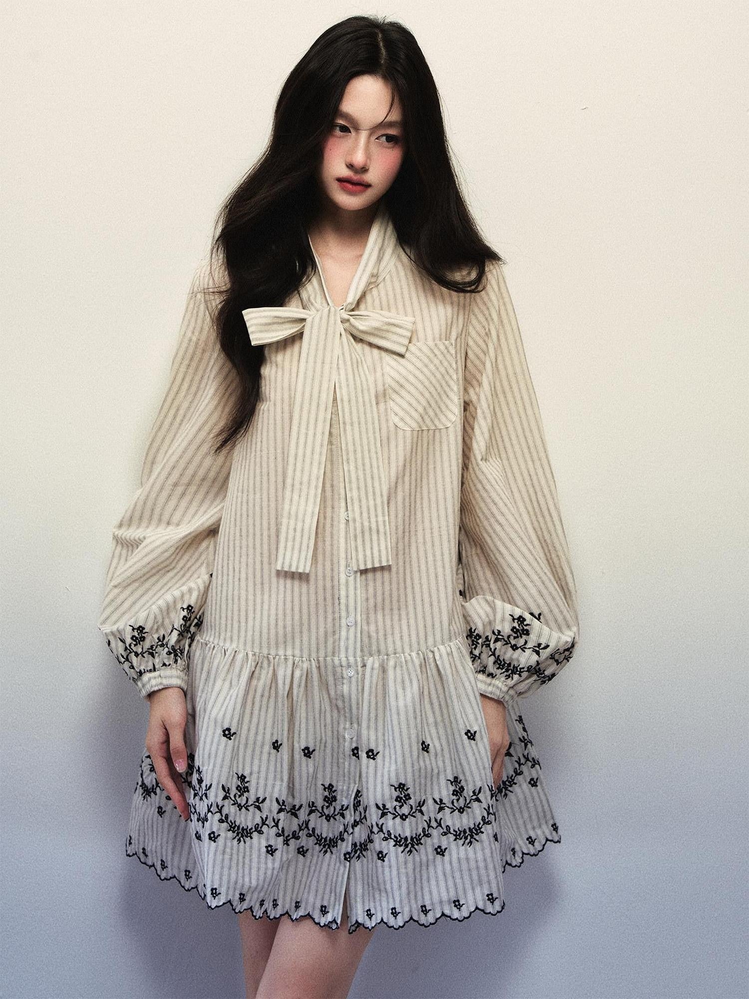 1P STUDIO Striped Bow Tie Lantern Sleeve Embroidered Women&