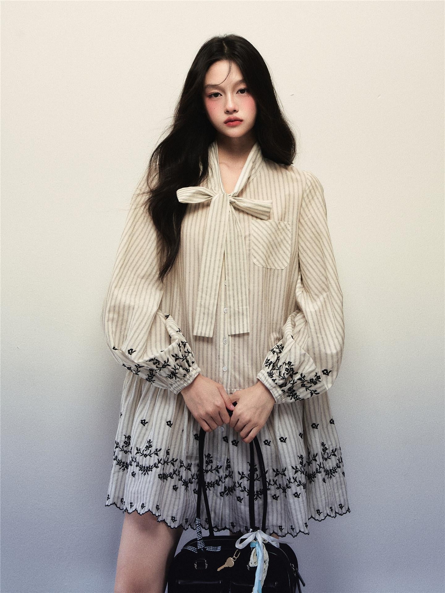 1P STUDIO Striped Bow Tie Lantern Sleeve Embroidered Women&