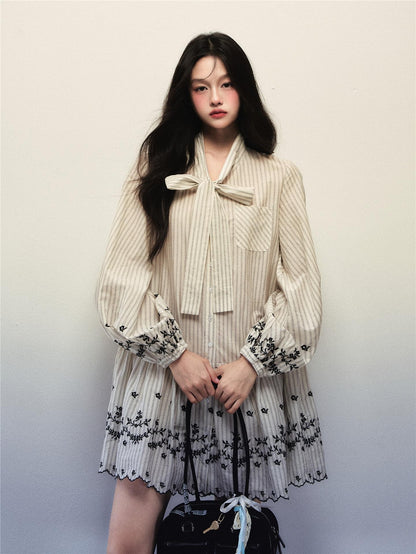 1P STUDIO Striped Bow Tie Lantern Sleeve Embroidered Women&