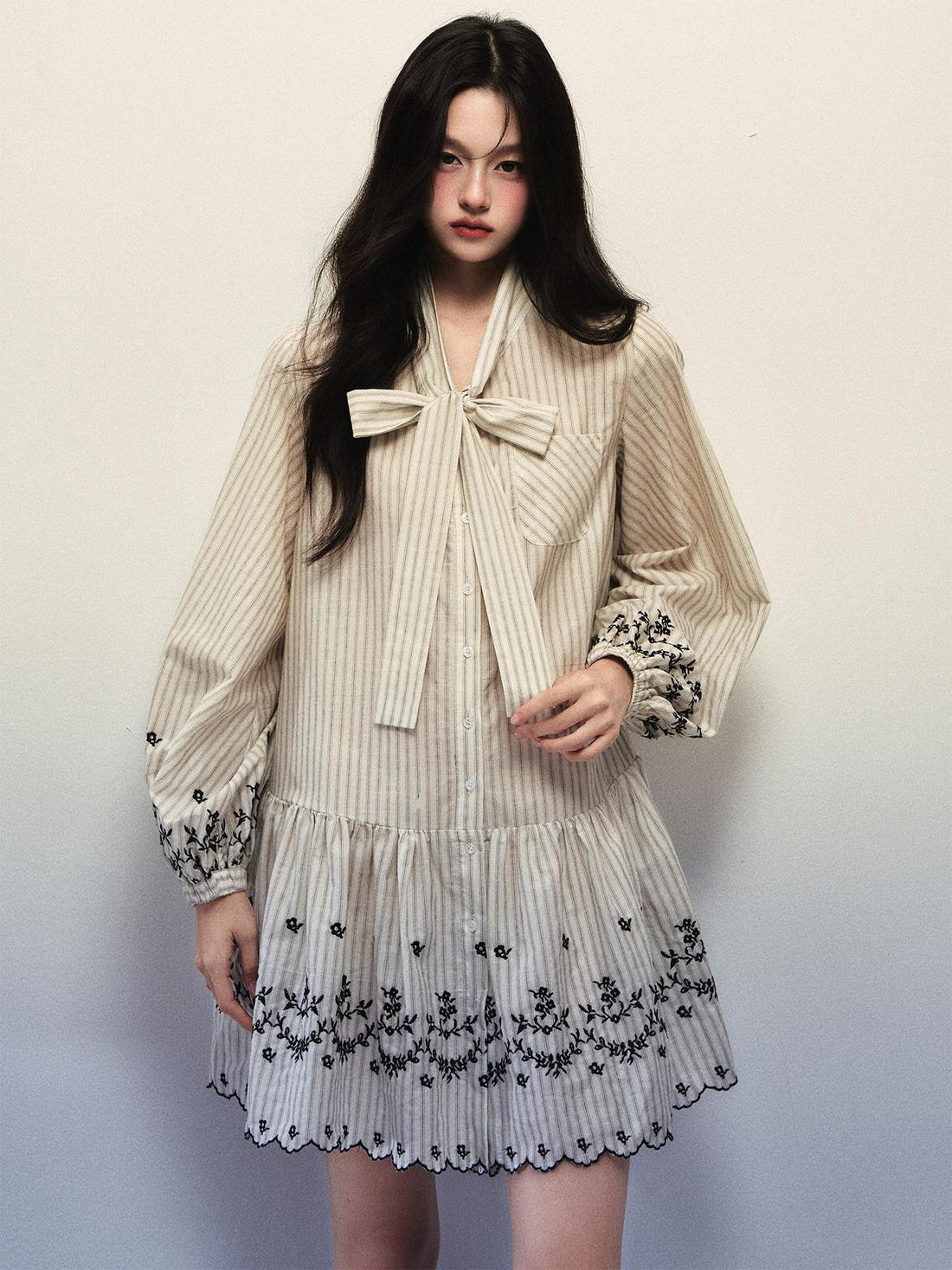 1P STUDIO Striped Bow Tie Lantern Sleeve Embroidered Women&