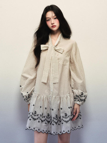1P STUDIO Striped Bow Tie Lantern Sleeve Embroidered Women&