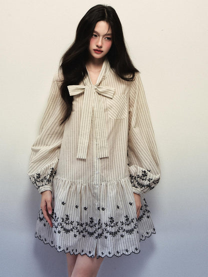 1P STUDIO Striped Bow Tie Lantern Sleeve Embroidered Women&