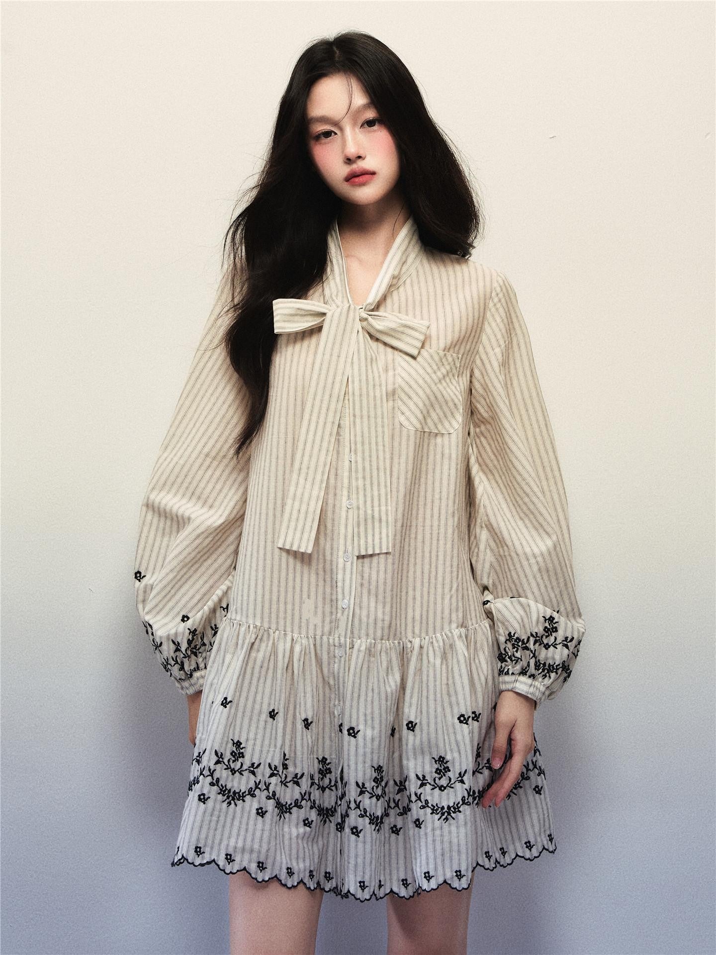 1P STUDIO Striped Bow Tie Lantern Sleeve Embroidered Women&