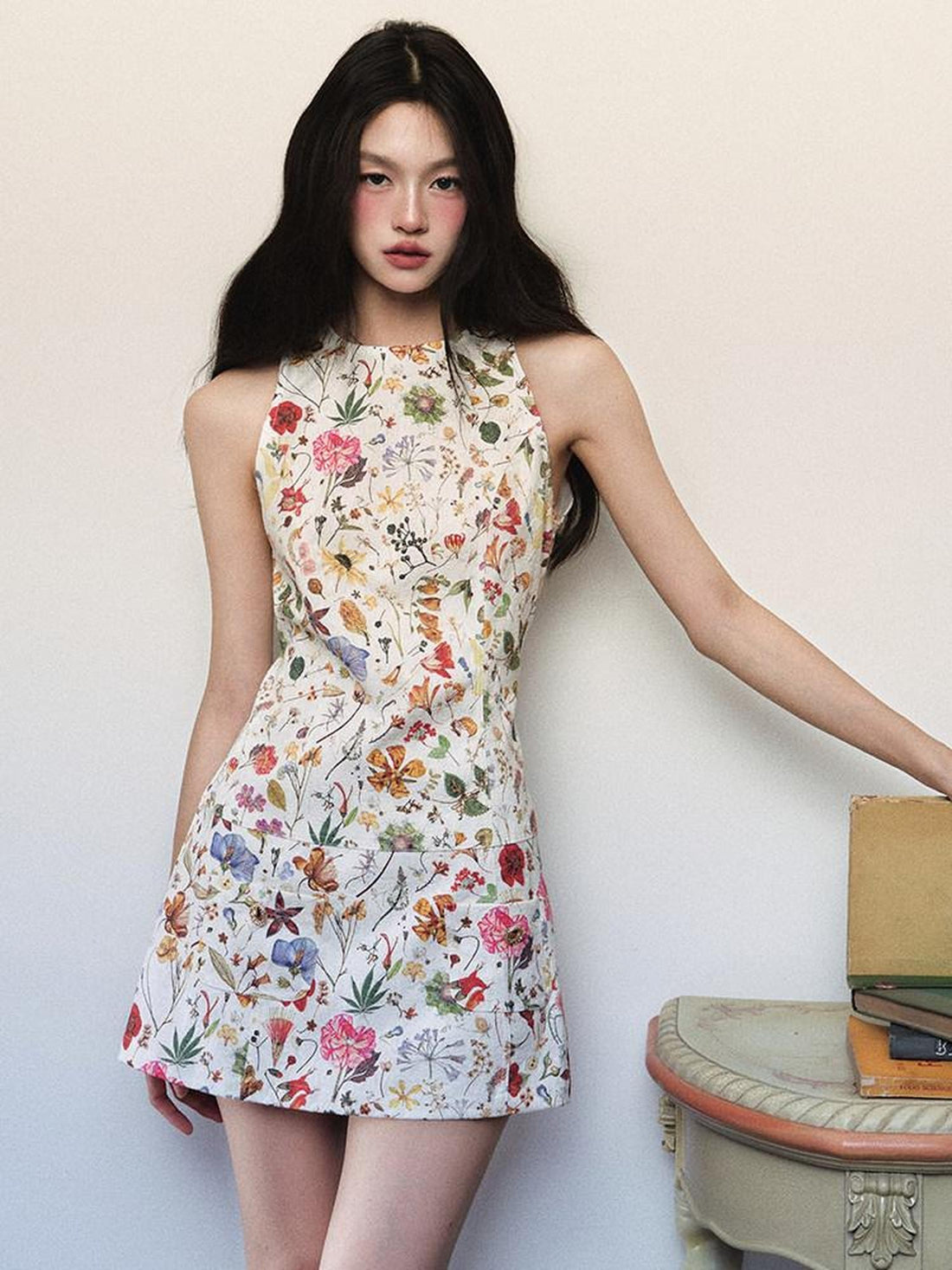 1P STUDIO Textured Floral Sleeveless A Line Waist Cinch Women&