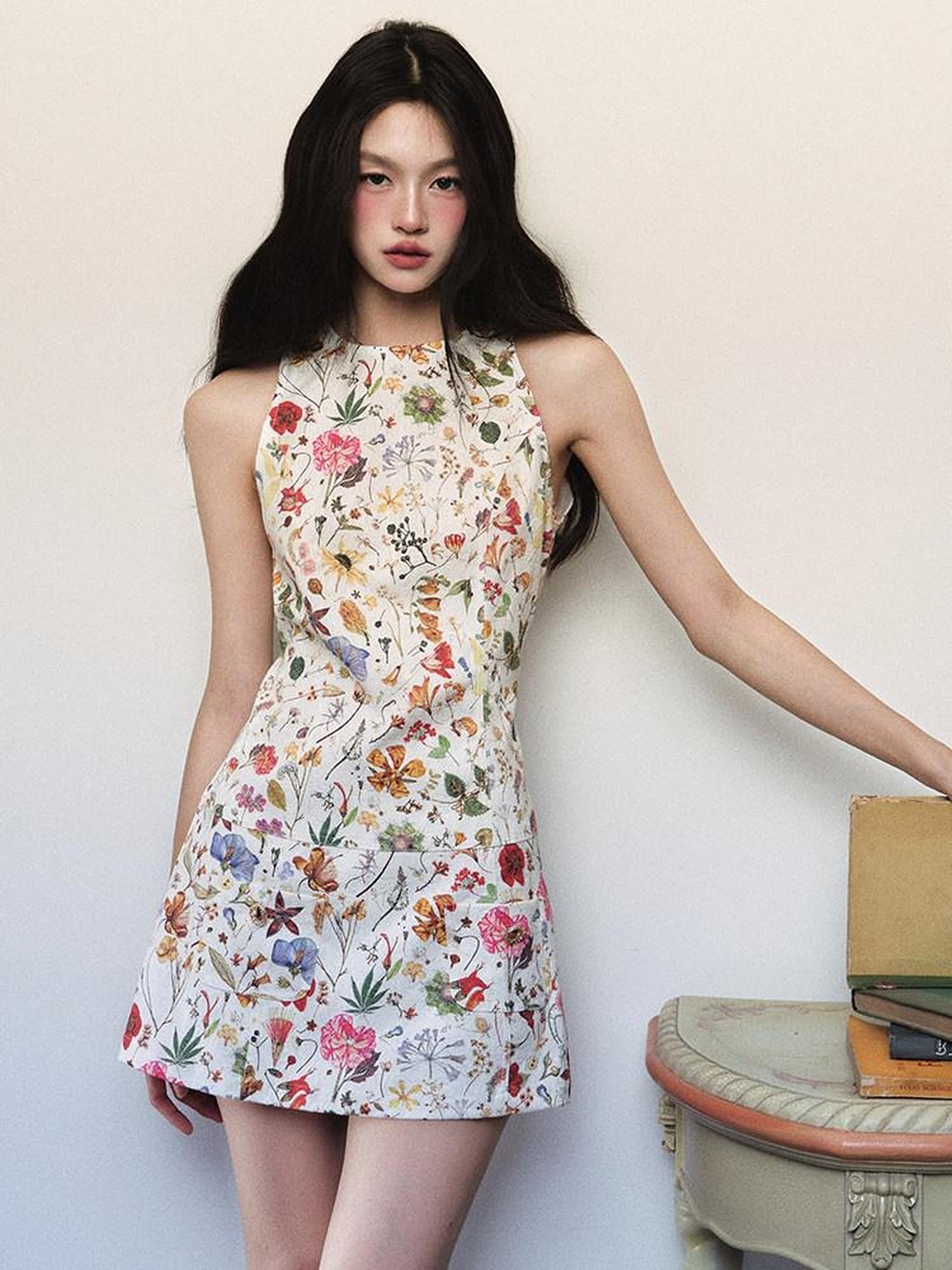 1P STUDIO Textured Floral Sleeveless A Line Waist Cinch Women&