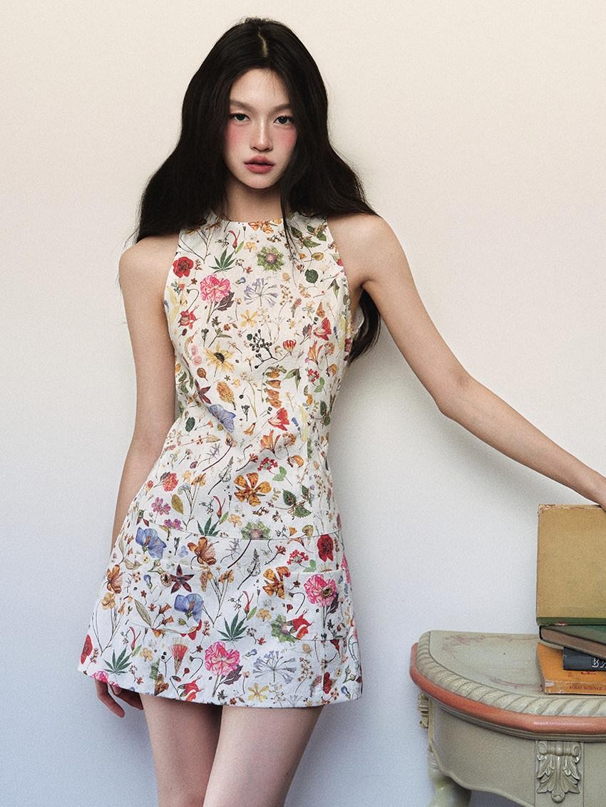 1P STUDIO Textured Floral Sleeveless A Line Waist Cinch Women&