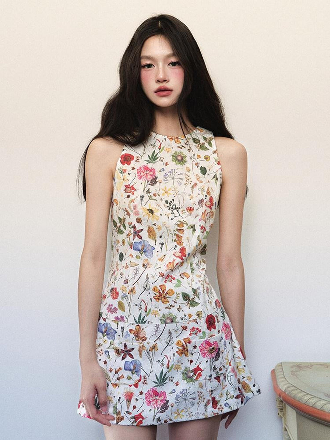 1P STUDIO Textured Floral Sleeveless A Line Waist Cinch Women&